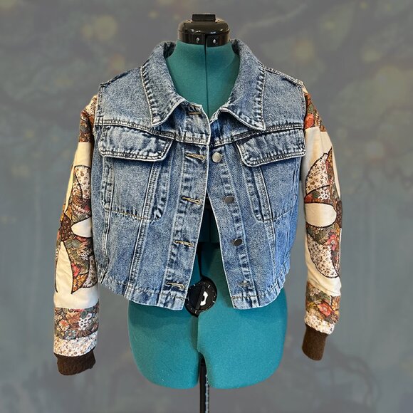 1OAK Quilt-sleeve cropped boxy denim jacket with Butterfly sz L - Picture 3 of 3